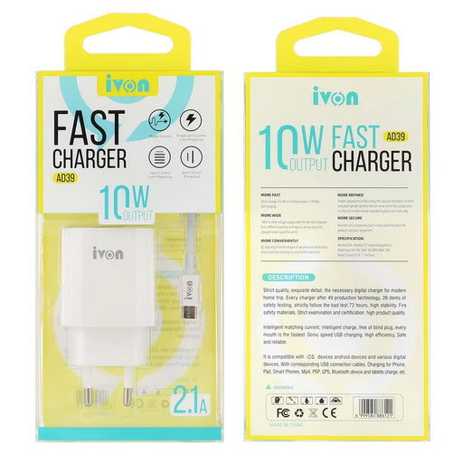 IVON AD39 10W Fast Charging Wall Charger Portable EU Plug Power Adapter with Micro USB Cable - 2