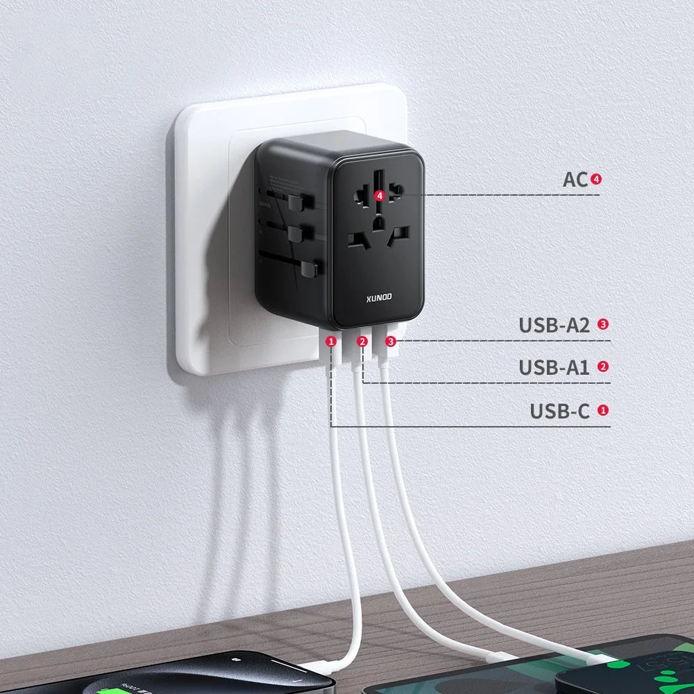 XUNDD XDCH-069 International Travel Power Adapter 20W 3-Port USB Wall Charger - 7