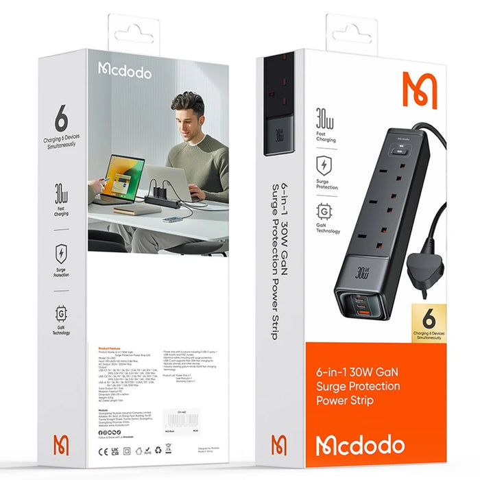 MCDODO CH-060 6-in-1 30W GaN Surge Protection Power Strip with 2 Type-C+USB - UK Plug / Black - 7