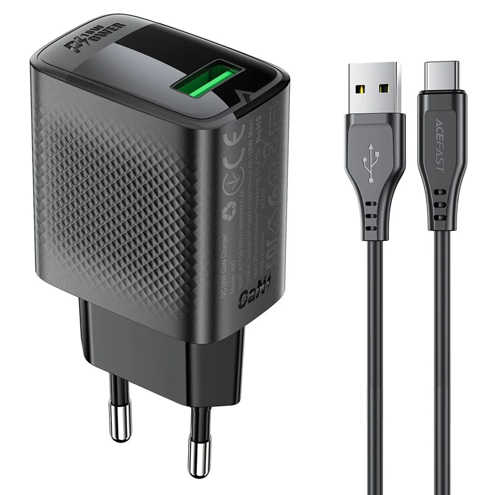 ACEFAST A90 GaN Wall Charger QC 18W Single USB-A Power Adapter with Type-C Cable - EU Plug - 1