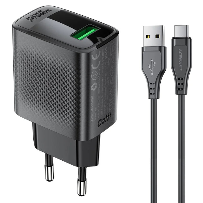 ACEFAST A90 GaN Wall Charger QC 18W Single USB-A Power Adapter with Type-C Cable - EU Plug - 1