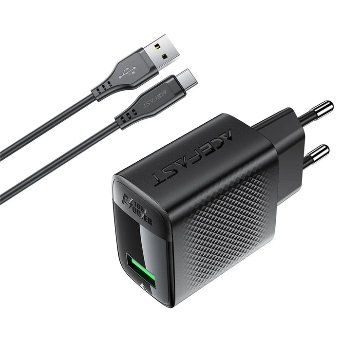 ACEFAST A90 GaN Wall Charger QC 18W Single USB-A Power Adapter with Type-C Cable - EU Plug - 5