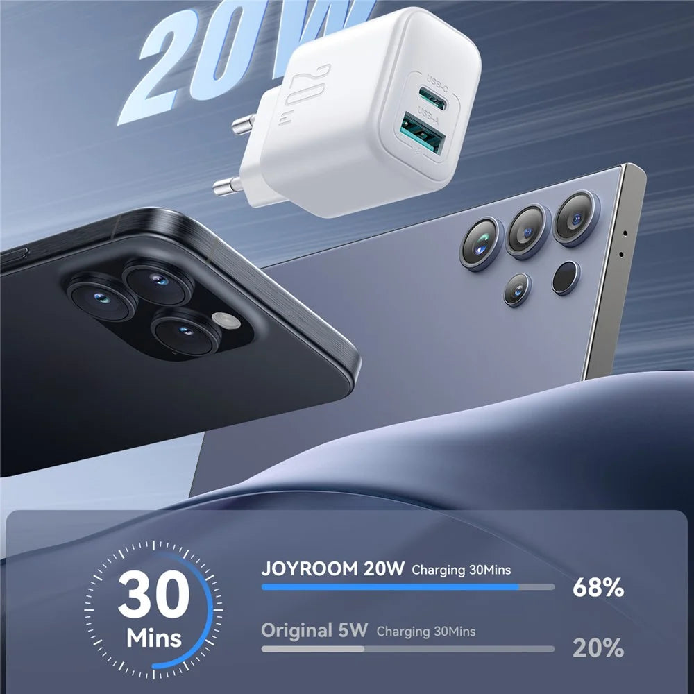 JOYROOM JR-TCF21 20W Fast Charger Type-C + USB-A Dual Port Power Adapter for iPhone 16-15 Series - EU Plug - 3
