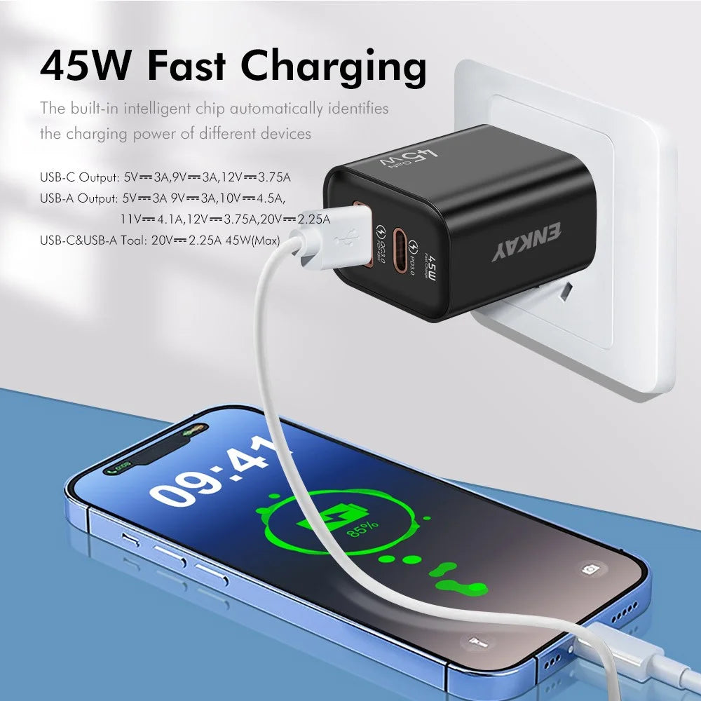 ENKAY ENK-FC001 45W USB-A + Type-C Dual Port Wall Charger Power Adapter - Black - 3