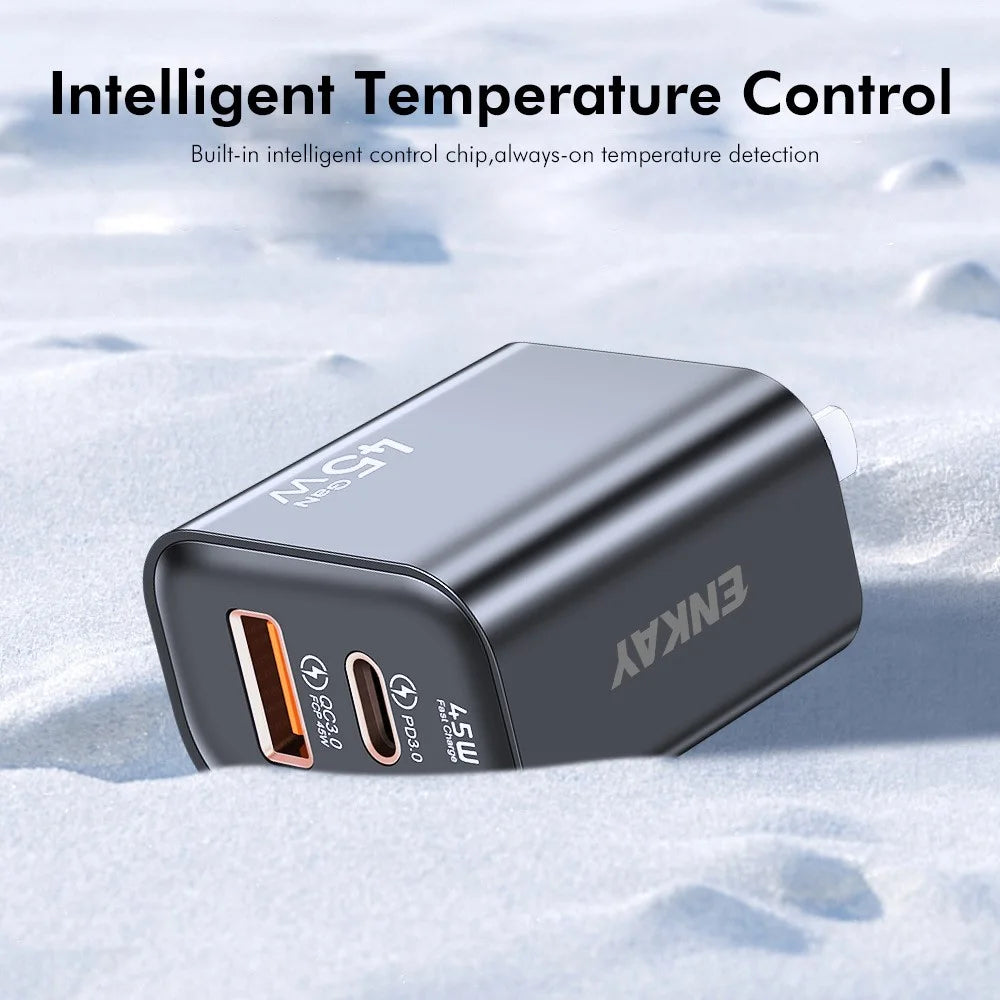 ENKAY ENK-FC001 45W USB-A + Type-C Dual Port Wall Charger Power Adapter - Black - 5