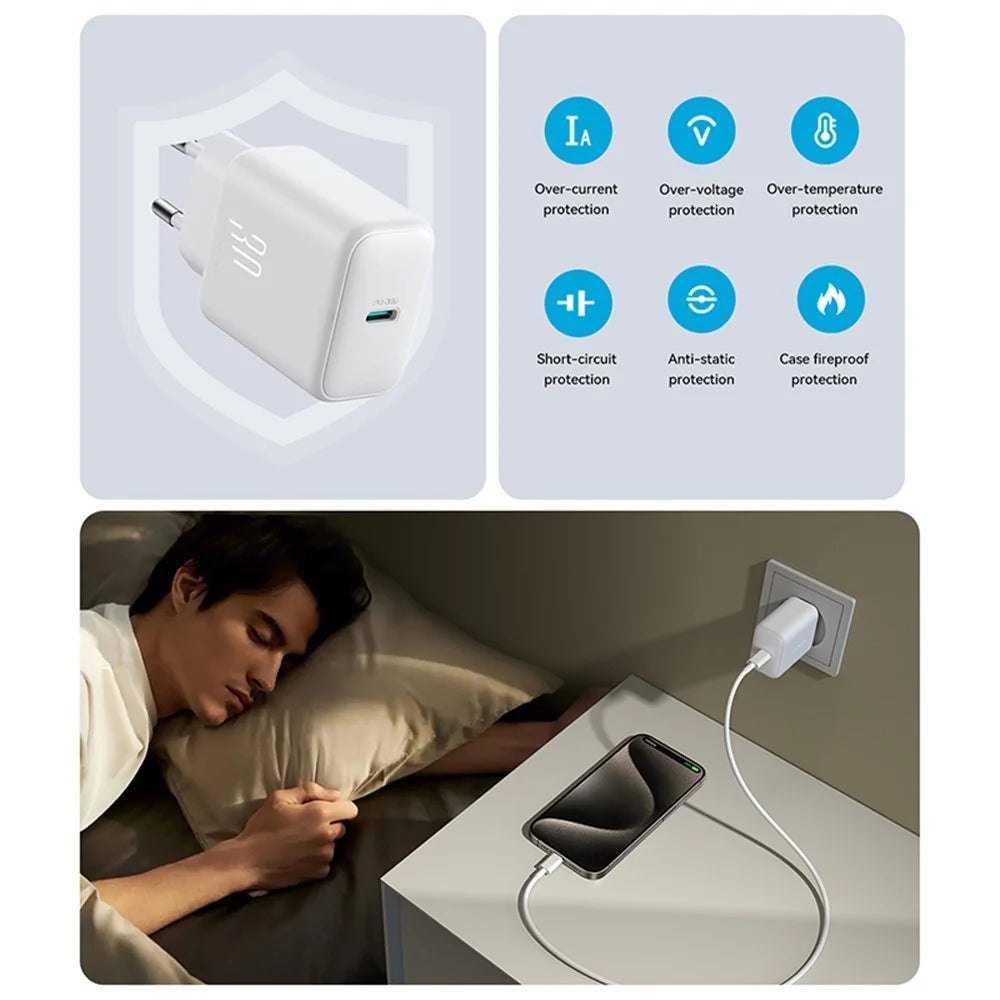 JOYROOM JR-TCF24 PD 30W Fast Charging Power Adapter Type-C Mini Wall Charger, EU Plug for iPhone 16-15 Series - White - 5