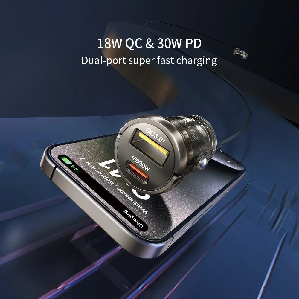 XUNDD XDCH-079 Car Charger Pull Tab PD 30W + QC3.0 Cigarette Lighter Adapter with Indicator Light - Blue - 7