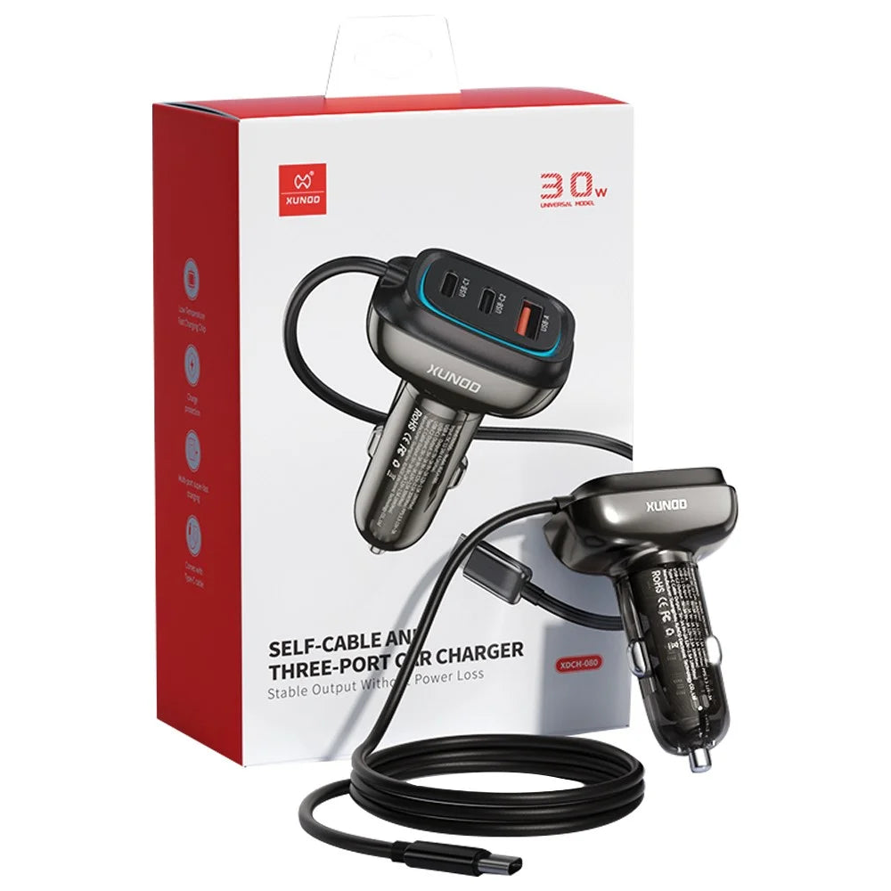 XUNDD XDCH-080 30W 3-Port Car Charger Adapter (2 USB-C + USB-A) Cigarette Lighter with Cable - 1