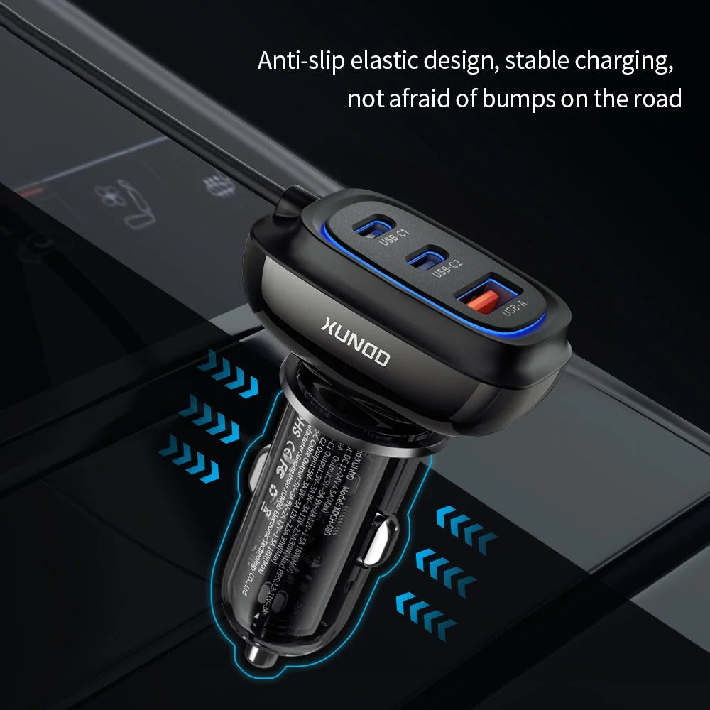 XUNDD XDCH-080 30W 3-Port Car Charger Adapter (2 USB-C + USB-A) Cigarette Lighter with Cable - 3