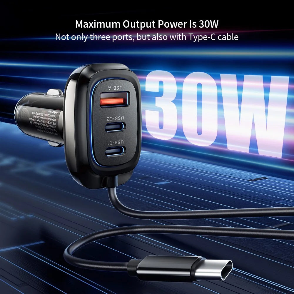 XUNDD XDCH-080 30W 3-Port Car Charger Adapter (2 USB-C + USB-A) Cigarette Lighter with Cable - 4