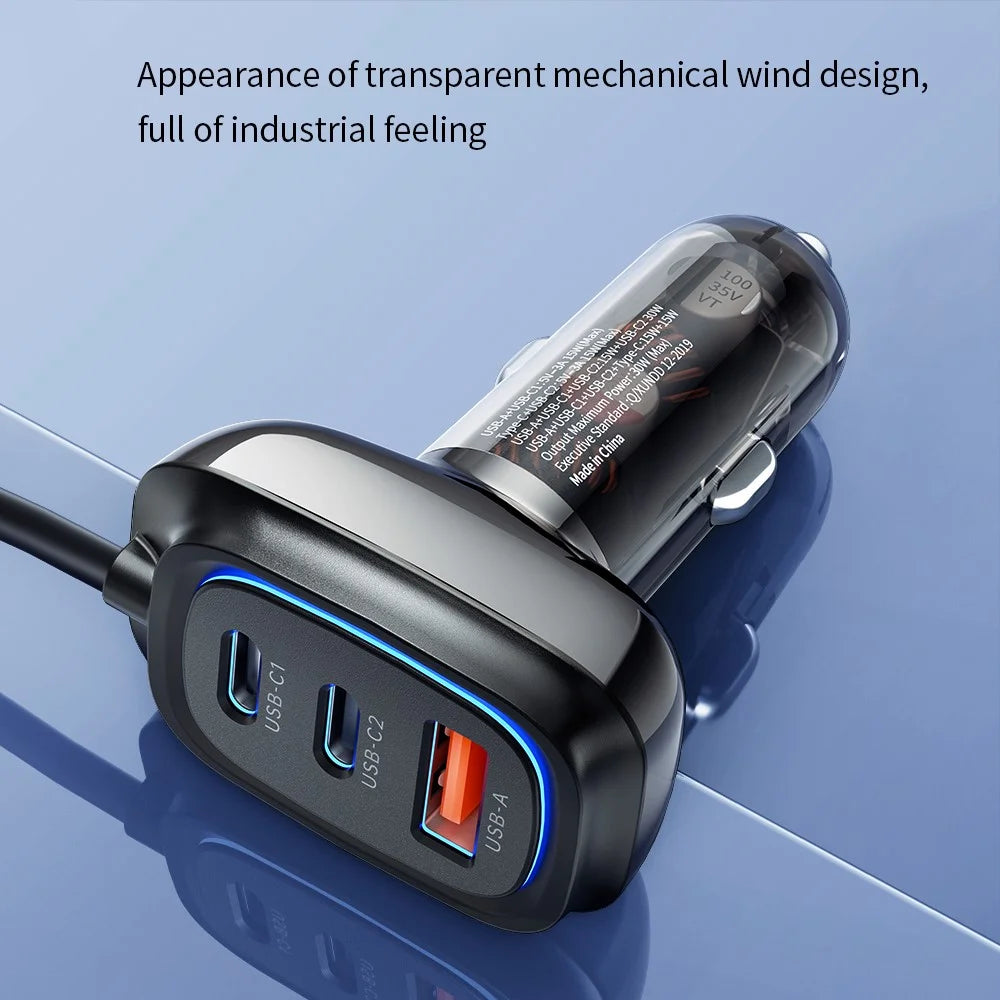 XUNDD XDCH-080 30W 3-Port Car Charger Adapter (2 USB-C + USB-A) Cigarette Lighter with Cable - 5