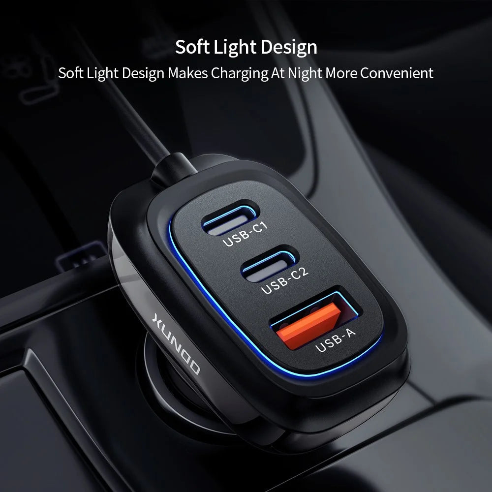 XUNDD XDCH-080 30W 3-Port Car Charger Adapter (2 USB-C + USB-A) Cigarette Lighter with Cable - 7