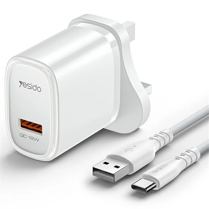 YESIDO YC85C UK Plug Single USB Port Wall Charger 18W Phone Tablet Fast Charging Adapter with Cable - 1