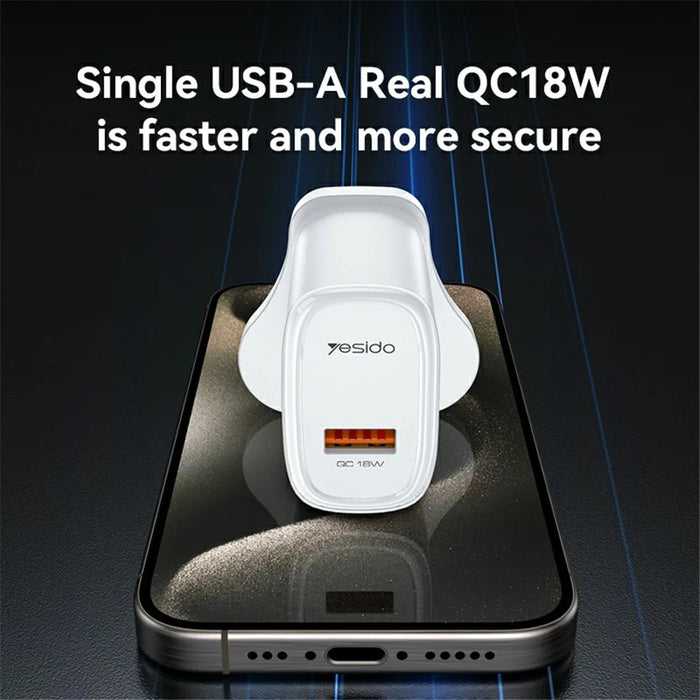 YESIDO YC85C UK Plug Single USB Port Wall Charger 18W Phone Tablet Fast Charging Adapter with Cable - 3