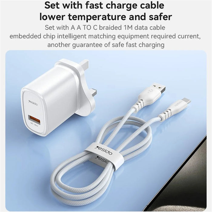 YESIDO YC85C UK Plug Single USB Port Wall Charger 18W Phone Tablet Fast Charging Adapter with Cable - 6