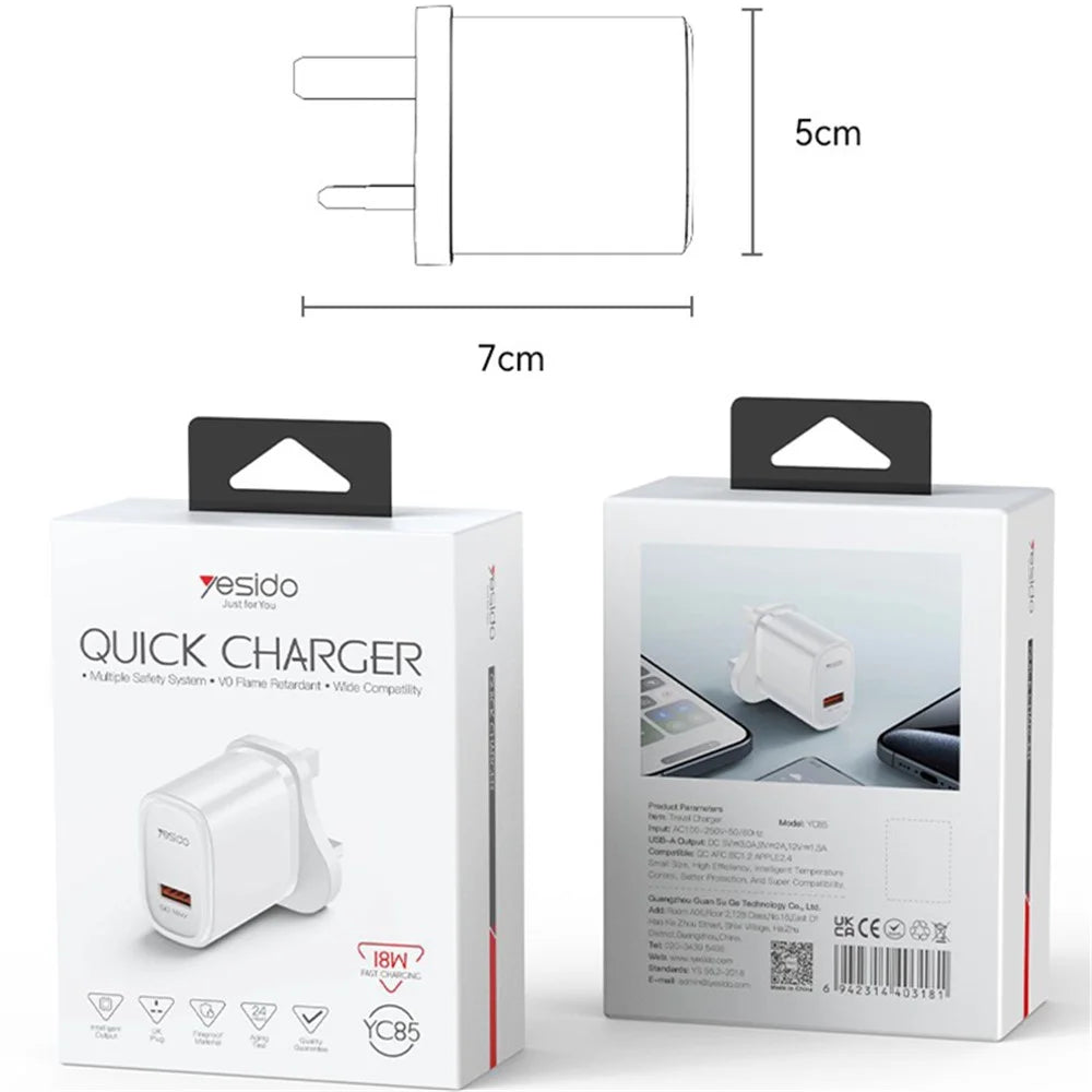 YESIDO YC85C UK Plug Single USB Port Wall Charger 18W Phone Tablet Fast Charging Adapter with Cable - 7