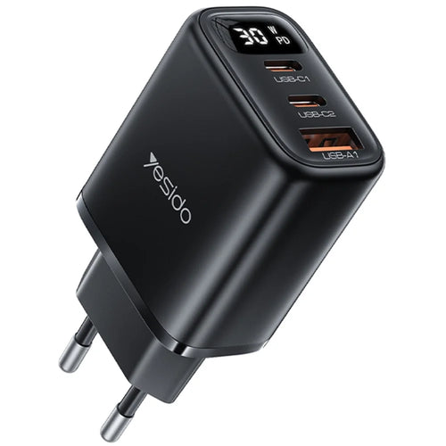 YESIDO YC69 Digital Display 30W Wall Charger 2 Type-C + 1 USB-A Phone Charging Adapter, EU Plug - 1