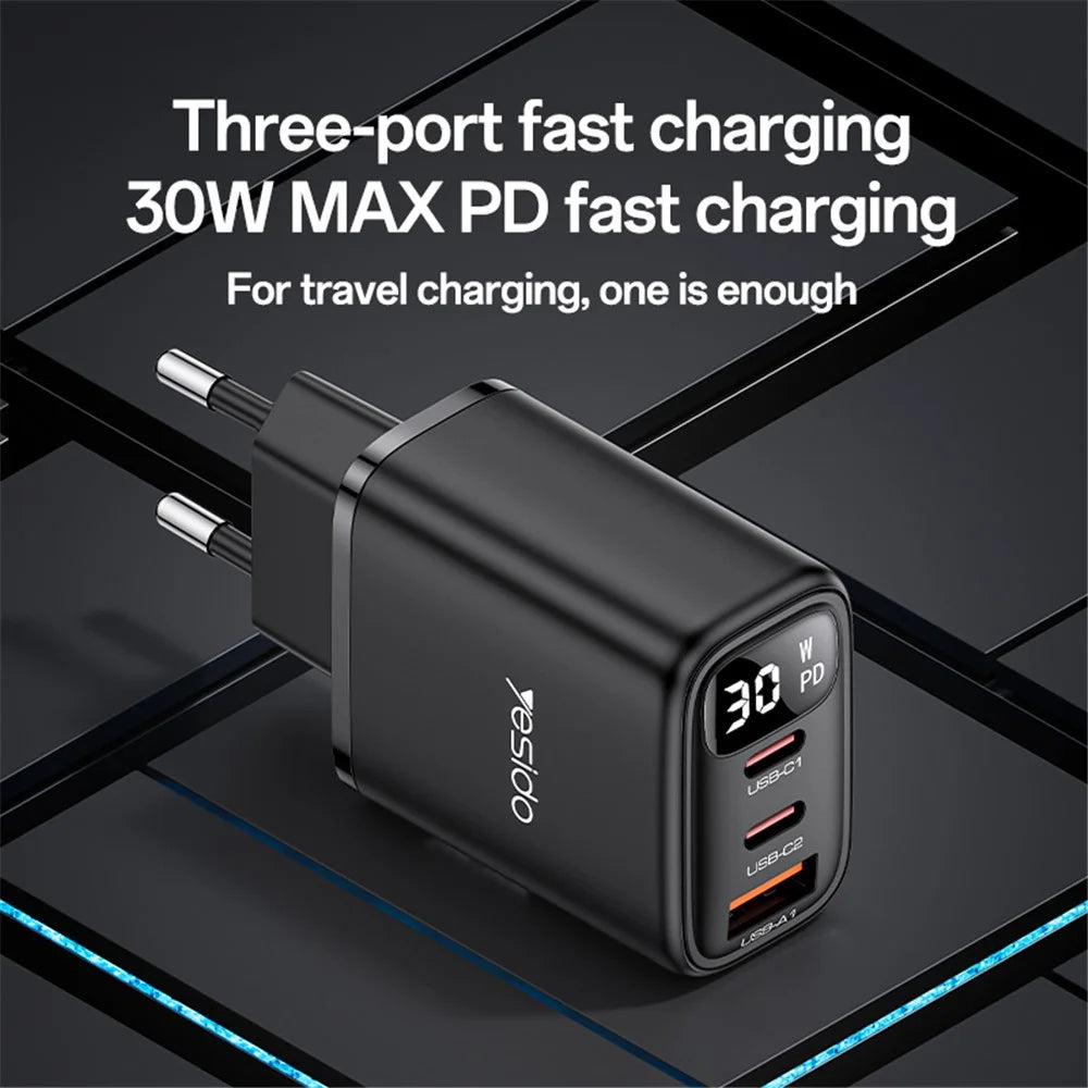 YESIDO YC69 Digital Display 30W Wall Charger 2 Type-C + 1 USB-A Phone Charging Adapter, EU Plug - 2