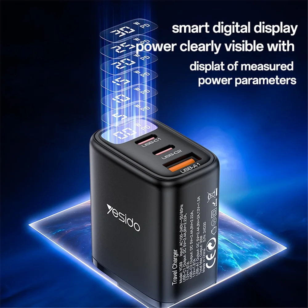 YESIDO YC69 Digital Display 30W Wall Charger 2 Type-C + 1 USB-A Phone Charging Adapter, EU Plug - 4