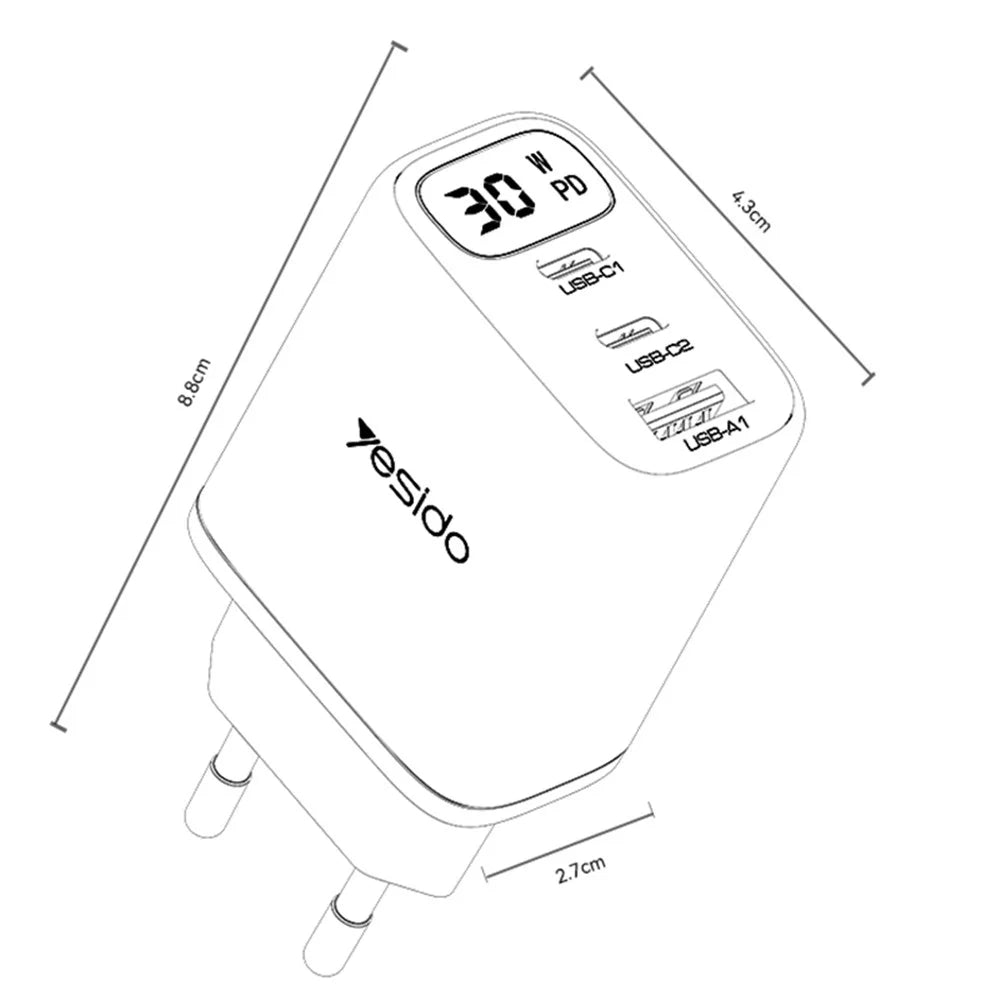 YESIDO YC69 Digital Display 30W Wall Charger 2 Type-C + 1 USB-A Phone Charging Adapter, EU Plug - 7