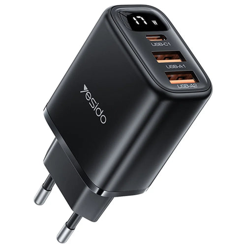 YESIDO YC67 Digital Display 17W Wall Charger 2 USB + 1 Type-C Phone Tablet Charging Adapter, EU Plug - 1