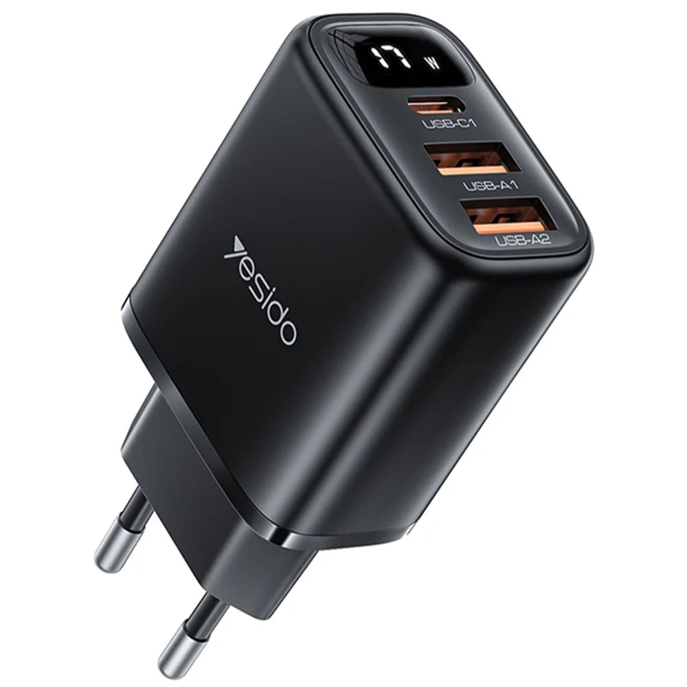 YESIDO YC67 Digital Display 17W Wall Charger 2 USB + 1 Type-C Phone Tablet Charging Adapter, EU Plug - 1