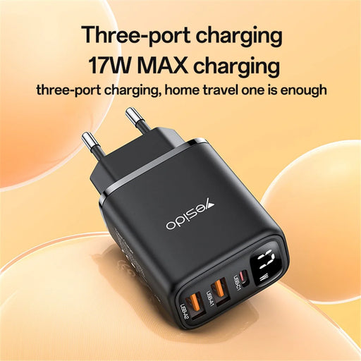 YESIDO YC67 Digital Display 17W Wall Charger 2 USB + 1 Type-C Phone Tablet Charging Adapter, EU Plug - 2