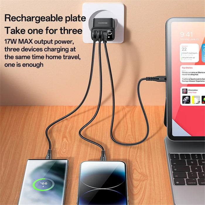 YESIDO YC67 Digital Display 17W Wall Charger 2 USB + 1 Type-C Phone Tablet Charging Adapter, EU Plug - 3