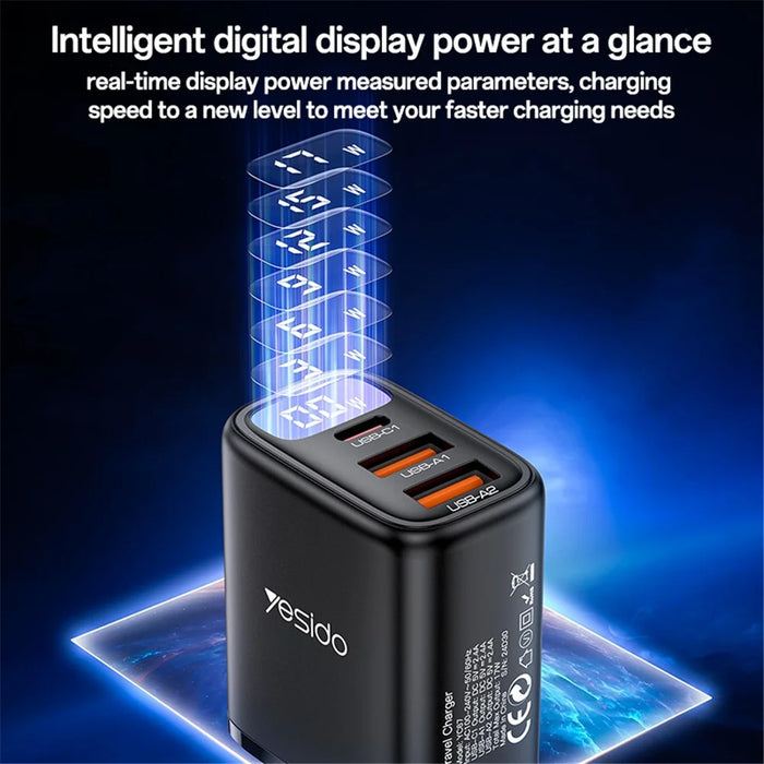 YESIDO YC67 Digital Display 17W Wall Charger 2 USB + 1 Type-C Phone Tablet Charging Adapter, EU Plug - 4