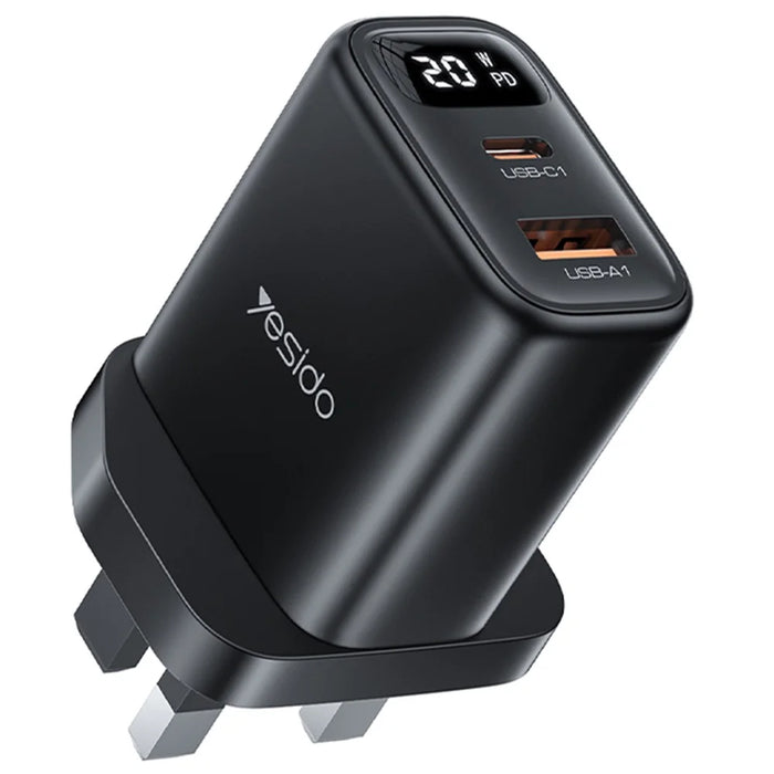 YESIDO YC87 Digital Display 20W Wall Charger USB + Type-C Phone Tablet Charging Adapter, UK Plug - 1