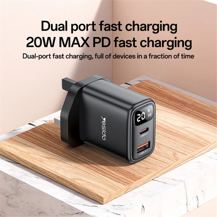 YESIDO YC87 Digital Display 20W Wall Charger USB + Type-C Phone Tablet Charging Adapter, UK Plug - 2