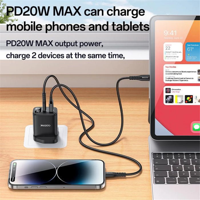 YESIDO YC87 Digital Display 20W Wall Charger USB + Type-C Phone Tablet Charging Adapter, UK Plug - 3