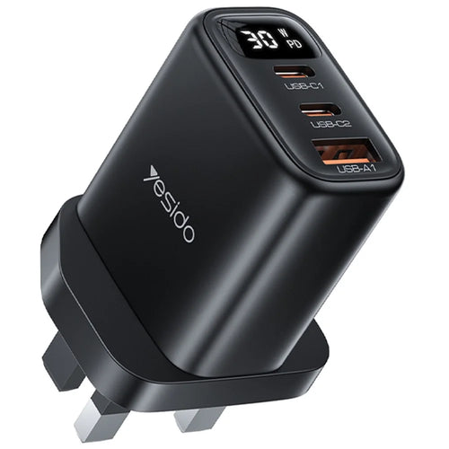 YESIDO YC88 Digital Display Wall Charger 2 Type-C + 1 USB-A 30W Phone Fast Charging Adapter, UK Plug - 1