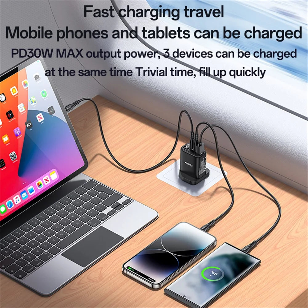 YESIDO YC88 Digital Display Wall Charger 2 Type-C + 1 USB-A 30W Phone Fast Charging Adapter, UK Plug - 3