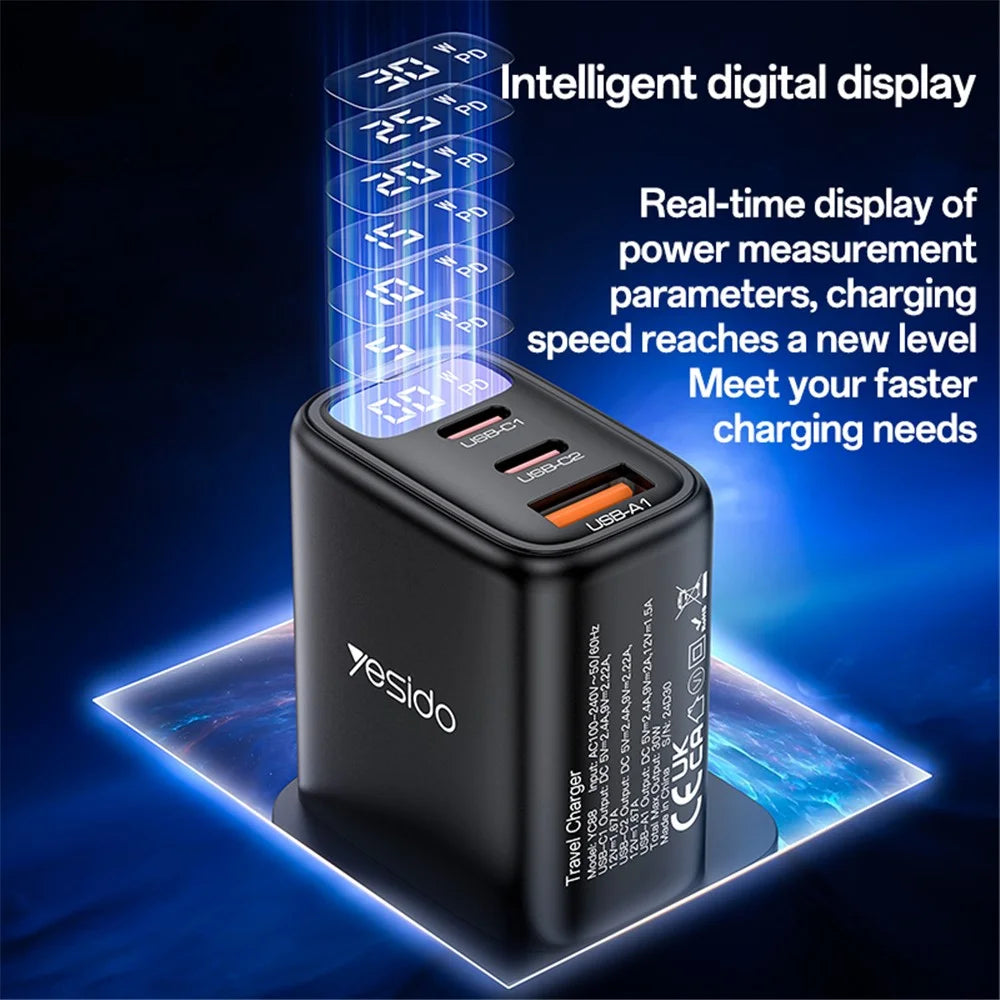 YESIDO YC88 Digital Display Wall Charger 2 Type-C + 1 USB-A 30W Phone Fast Charging Adapter, UK Plug - 4