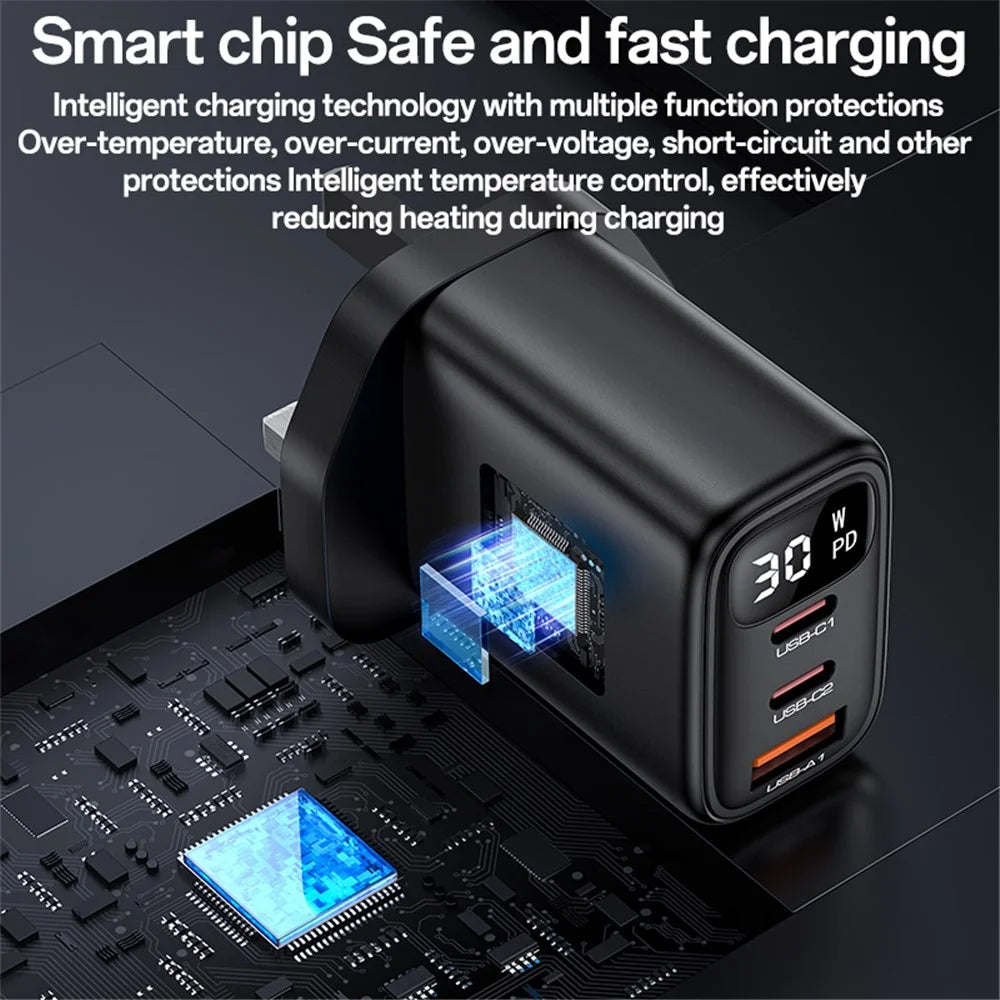 YESIDO YC88 Digital Display Wall Charger 2 Type-C + 1 USB-A 30W Phone Fast Charging Adapter, UK Plug - 5