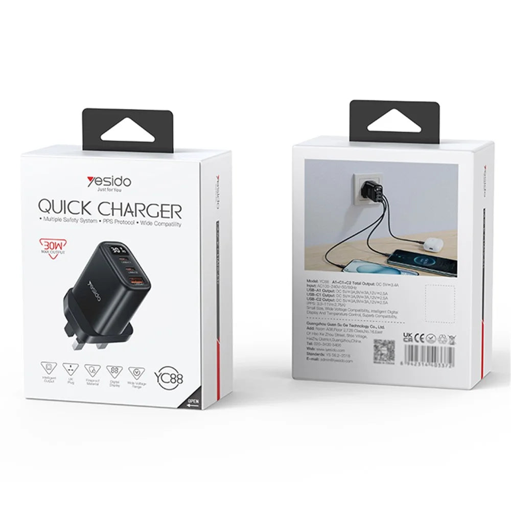 YESIDO YC88 Digital Display Wall Charger 2 Type-C + 1 USB-A 30W Phone Fast Charging Adapter, UK Plug - 7