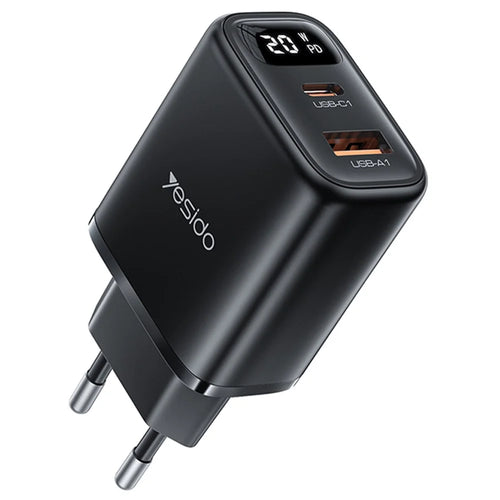 YESIDO YC68 Digital Display Wall Charger USB + Type-C 20W Phone Tablet Charging Adapter, EU Plug - 1