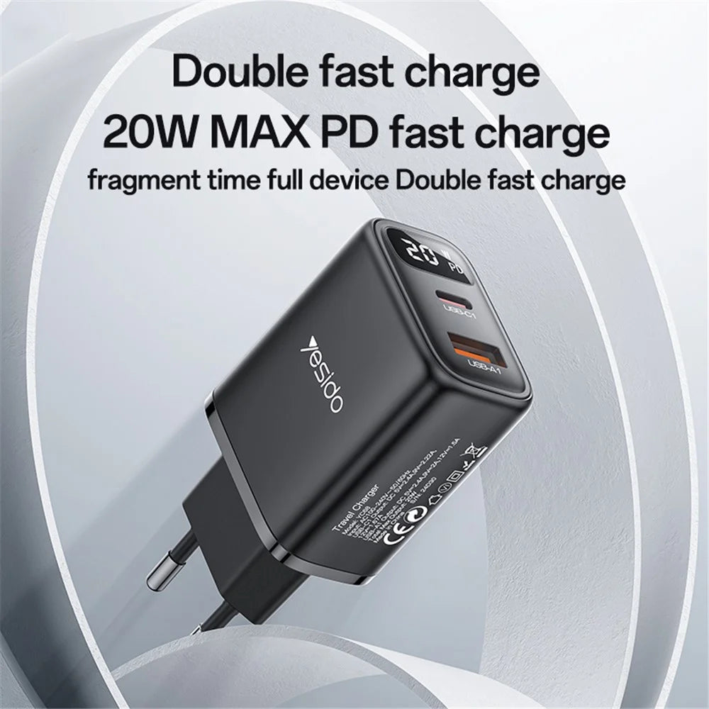 YESIDO YC68 Digital Display Wall Charger USB + Type-C 20W Phone Tablet Charging Adapter, EU Plug - 2
