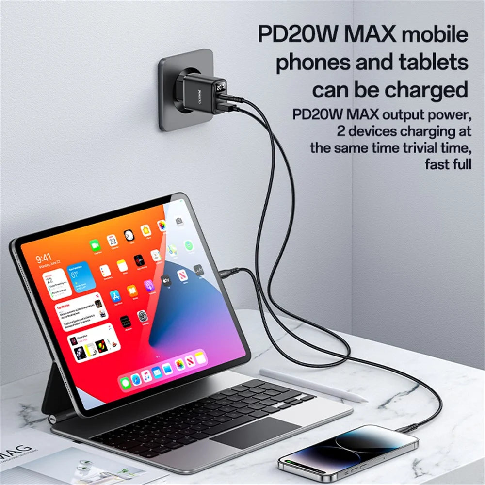 YESIDO YC68 Digital Display Wall Charger USB + Type-C 20W Phone Tablet Charging Adapter, EU Plug - 3