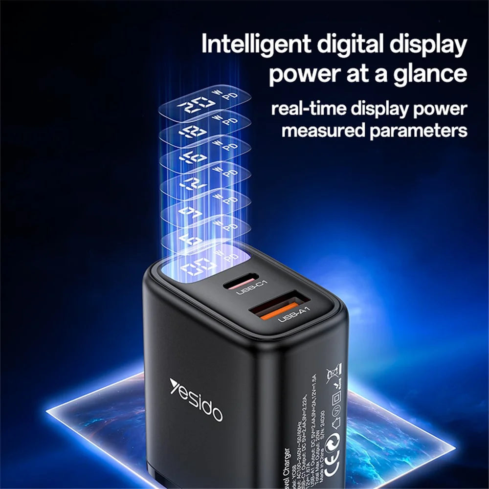 YESIDO YC68 Digital Display Wall Charger USB + Type-C 20W Phone Tablet Charging Adapter, EU Plug - 4