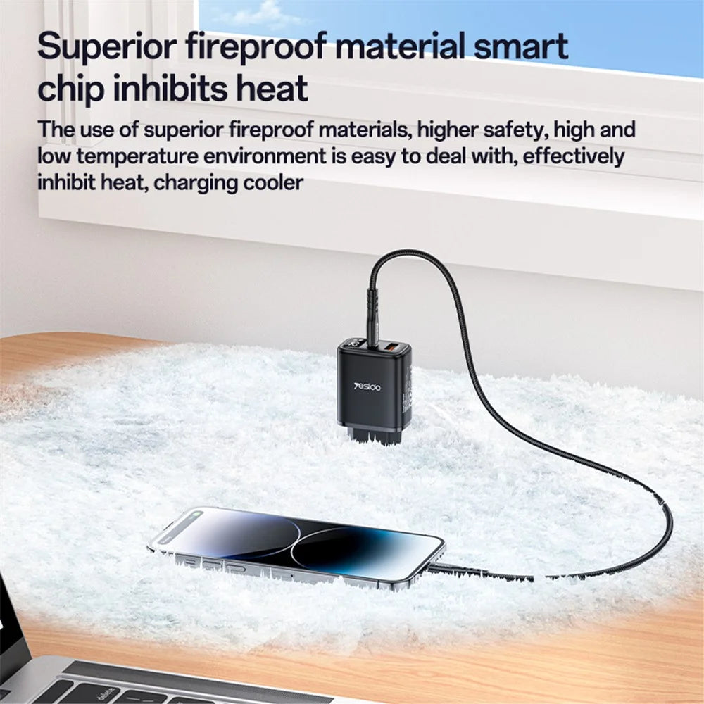 YESIDO YC68 Digital Display Wall Charger USB + Type-C 20W Phone Tablet Charging Adapter, EU Plug - 5