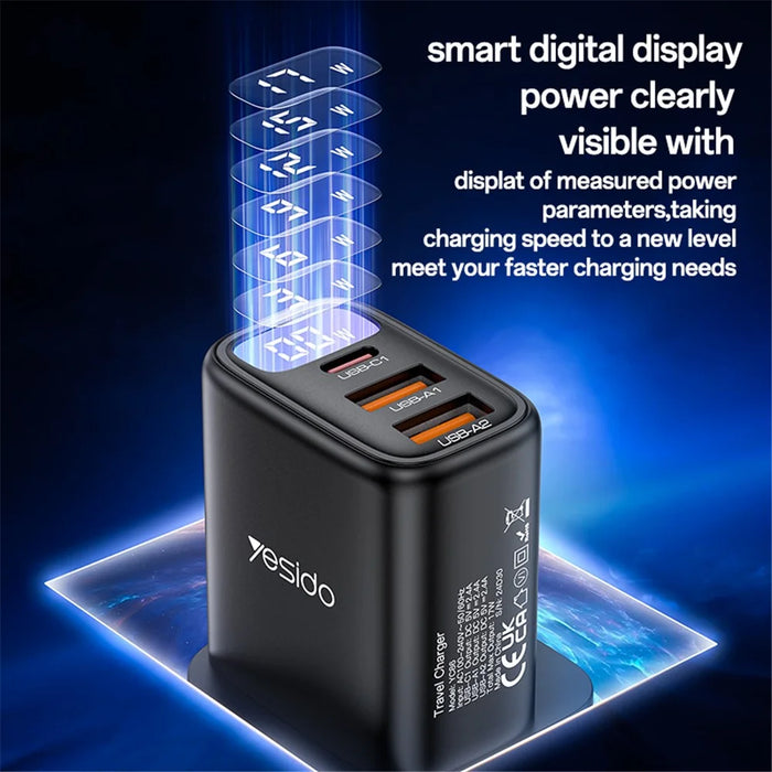 YESIDO YC86 17W Digital Display Wall Charger 2 USB + 1 Type-C Phone Charging Adapter, UK Plug - 4