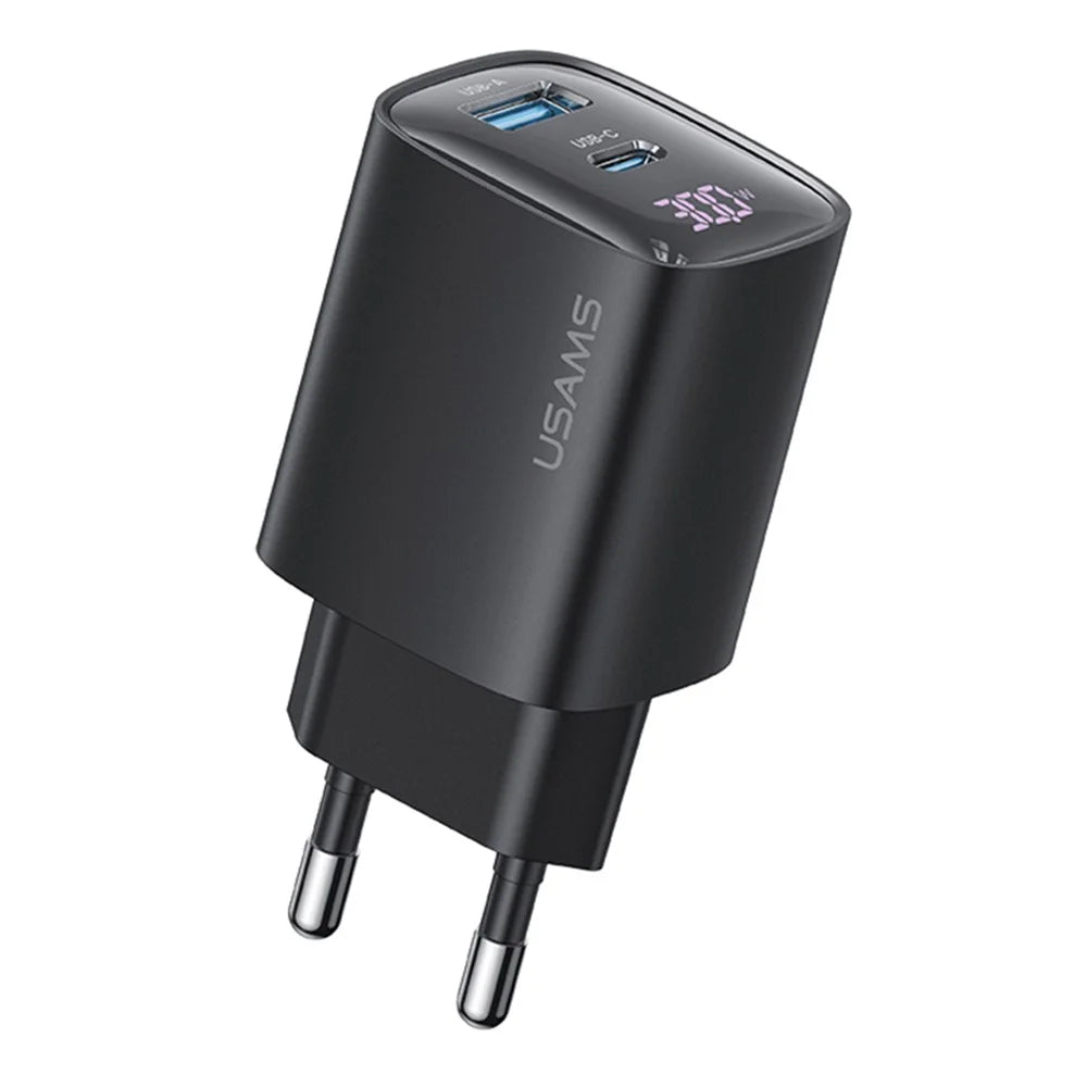 USAMS CC229 30W GaN Adapter USB-C+USB-C Dual Port Charger Block Real-Time Digital Display, EU Plug - Black - 1