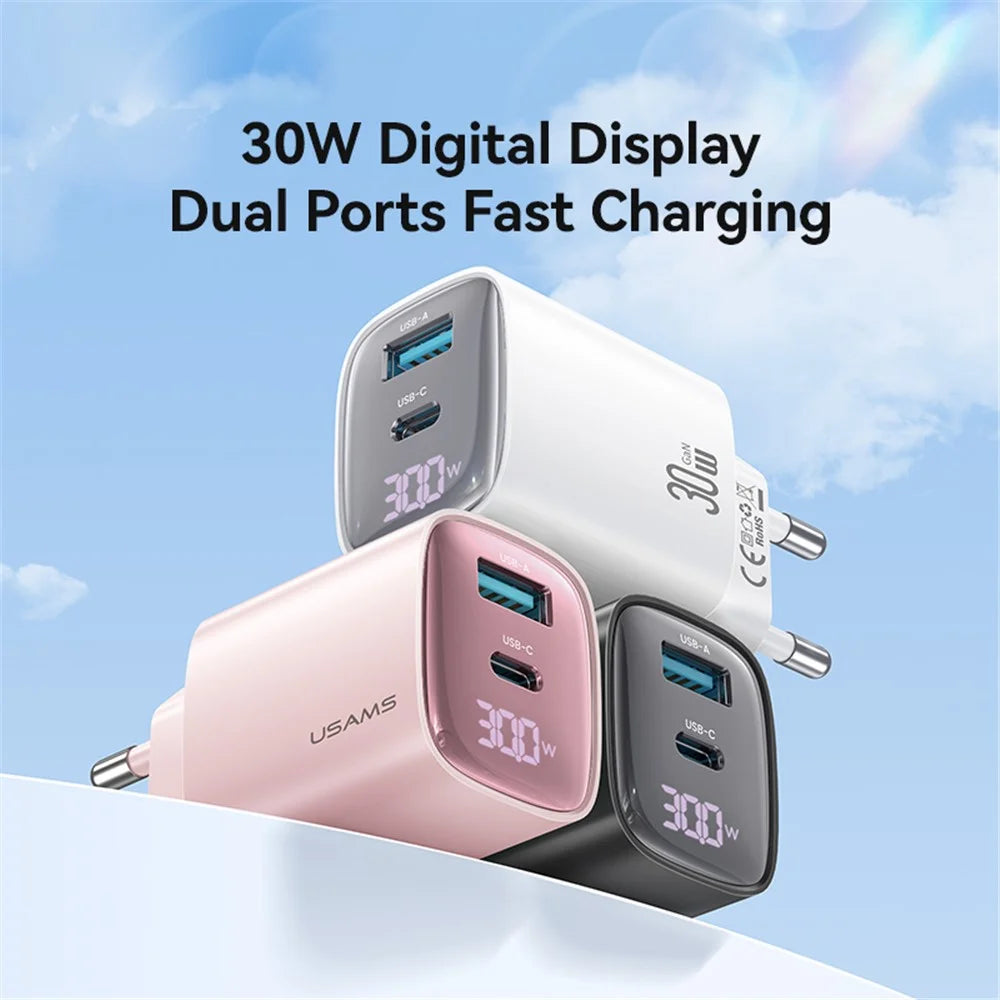 USAMS CC229 30W GaN Adapter USB-C+USB-C Dual Port Charger Block Real-Time Digital Display, EU Plug - Black - 2