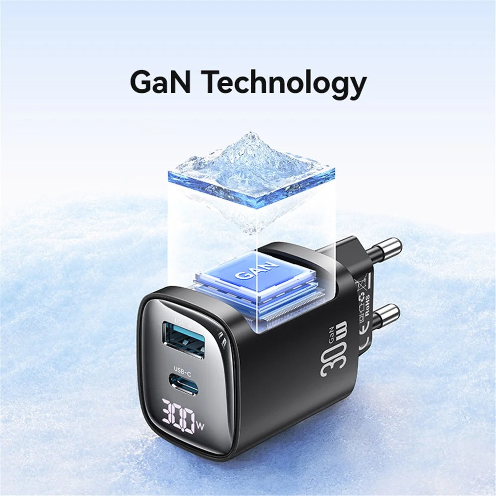 USAMS CC229 30W GaN Adapter USB-C+USB-C Dual Port Charger Block Real-Time Digital Display, EU Plug - Black - 4