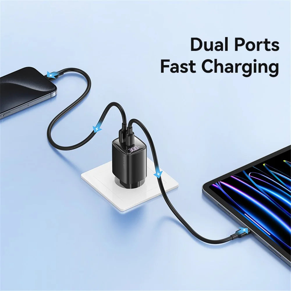 USAMS CC229 30W GaN Adapter USB-C+USB-C Dual Port Charger Block Real-Time Digital Display, EU Plug - Black - 5