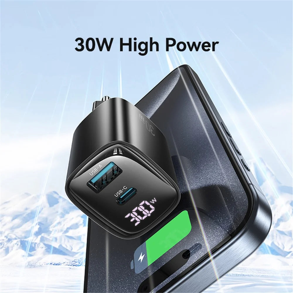 USAMS CC229 30W GaN Adapter USB-C+USB-C Dual Port Charger Block Real-Time Digital Display, EU Plug - Black - 6