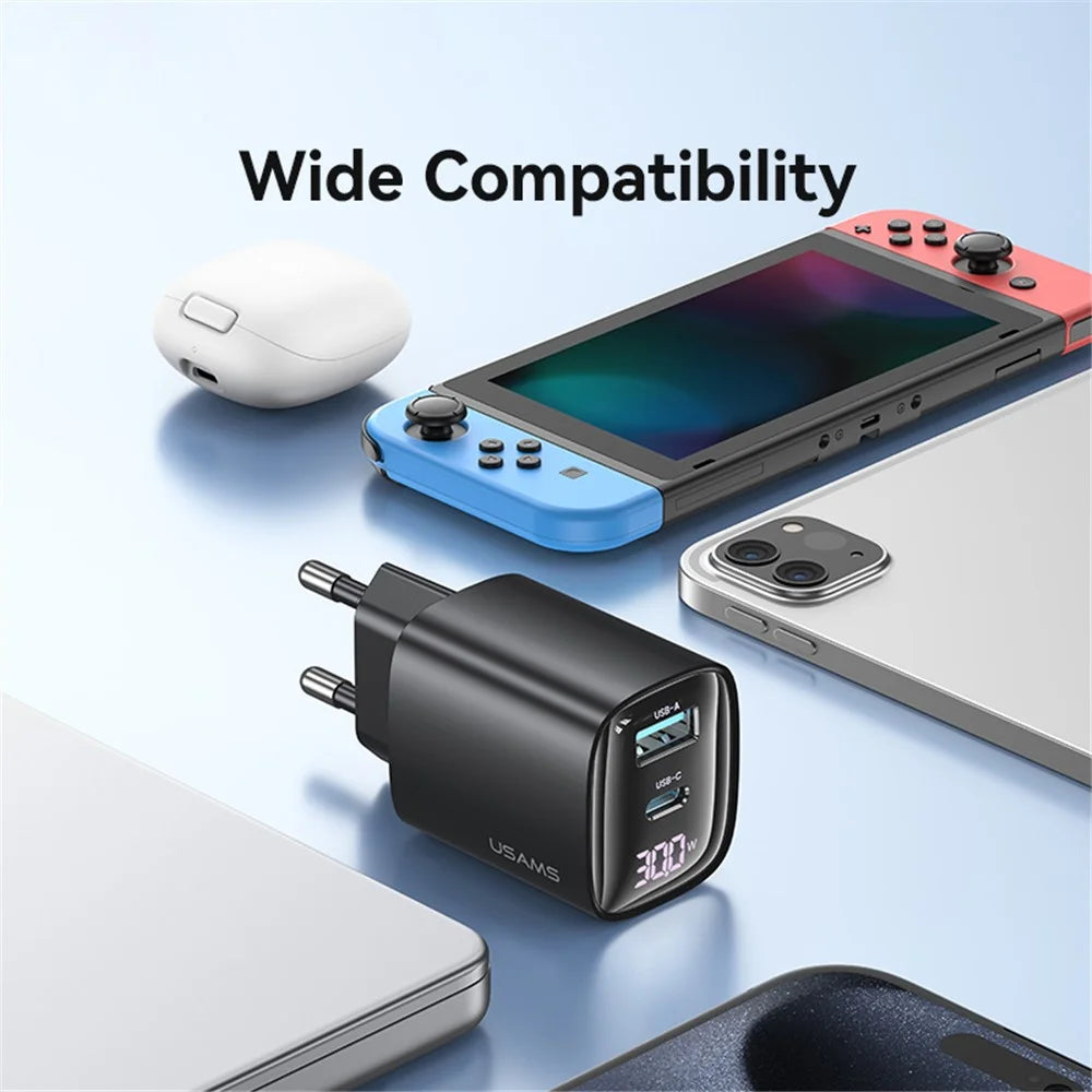 USAMS CC229 30W GaN Adapter USB-C+USB-C Dual Port Charger Block Real-Time Digital Display, EU Plug - Black - 7