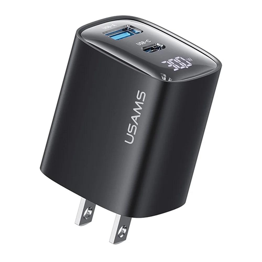 USAMS CC230 30W Fast Charging GaN Adapter USB-C+USB-C Dual Port Wall Charger Power Display, US Plug - Black - 1